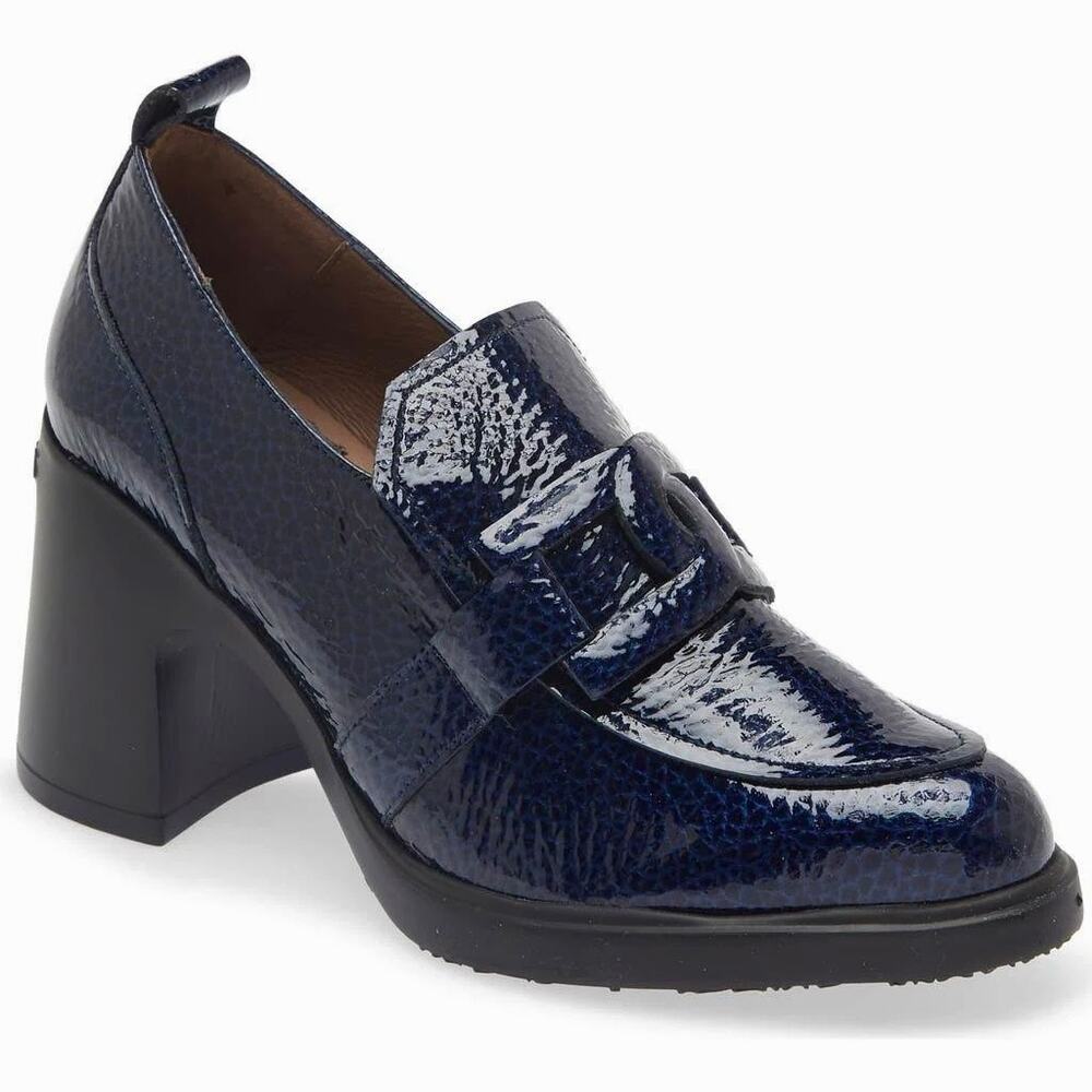 Wonders Spain Molly Textured Patent Leather Block Heel Loafers Navy Blue